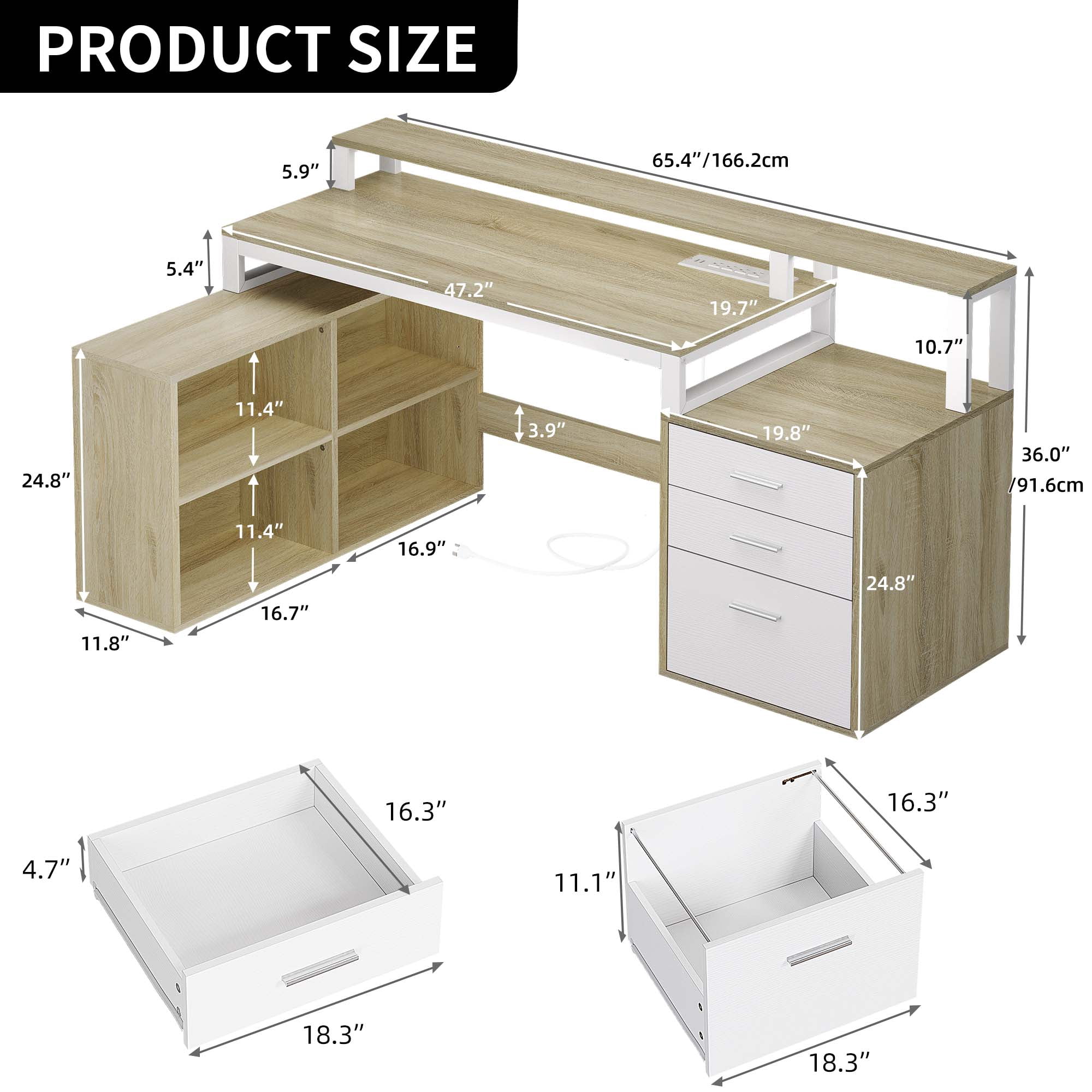 Dextrus L Shaped Desk with LED Light & Power Outlets, Corner Computer Desk with Drawers & Open Storage Shelves, Oak