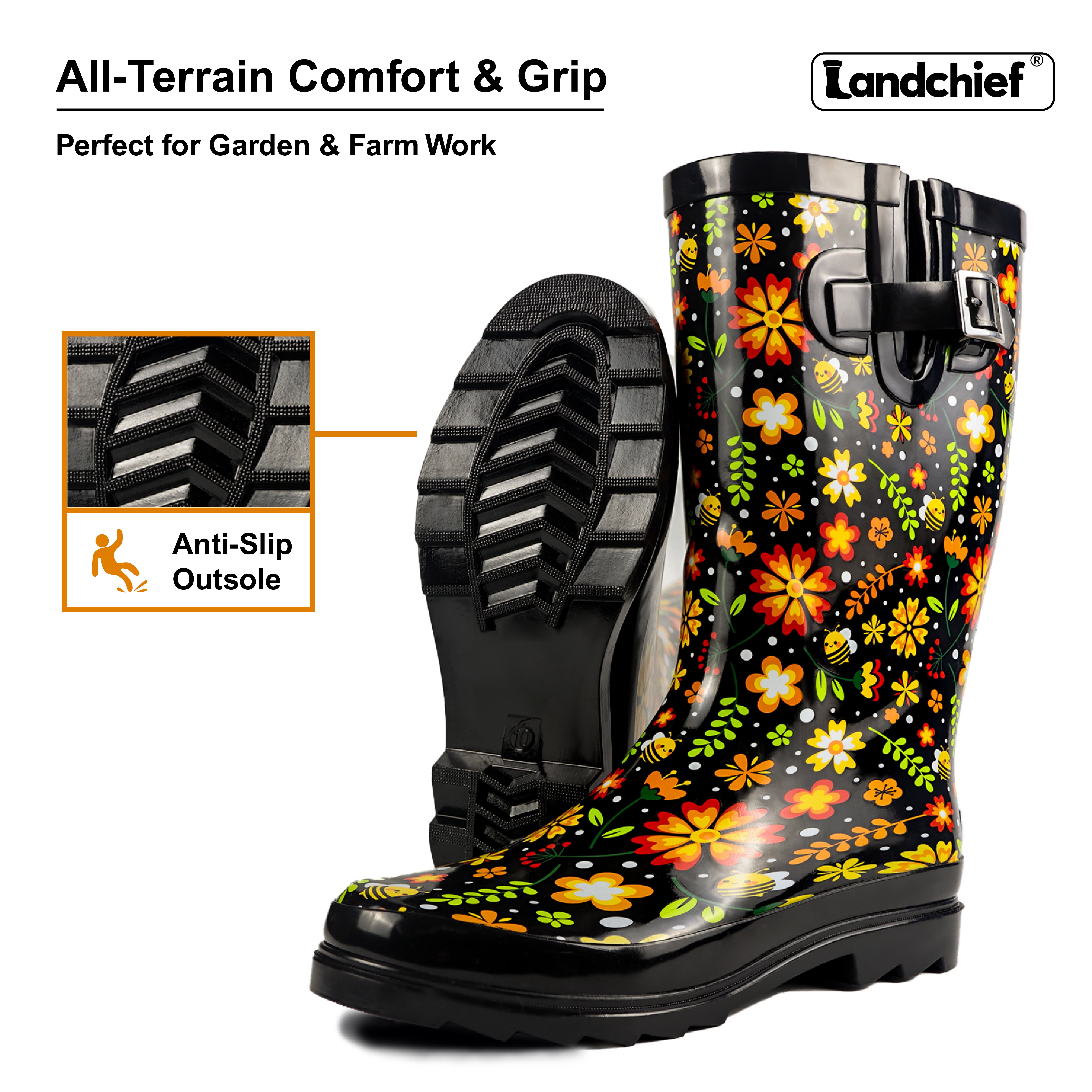 Landchief Women's Tall Waterproof Rubber Rain Boots for Garden, Size 11,Black Floral