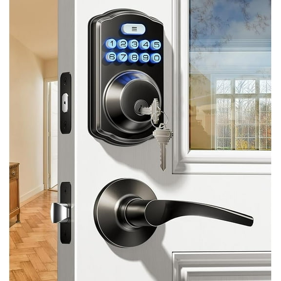 MY Keyless Entry Door Lock with 2 Lever Handles - Electronic Keypad Deadbolt, Easy Installation Digital Smart Front Door Lock Set, Matte Black