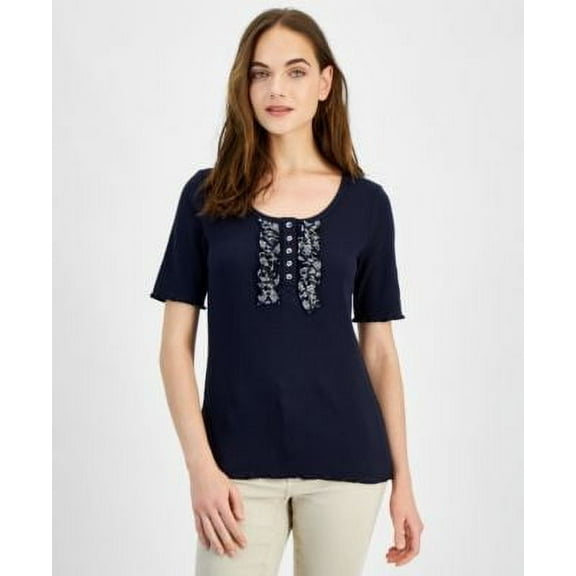 Nautica Jeans Womens Ribbed Short-Sleeve To Night Sky L