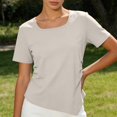thumbnail image 6 of Garbnen Women's Square Neck T-Shirt Short Sleeve Ruched Side Casual Tee Basic Solid Color Top for Daily Wear Beige M, 6 of 8