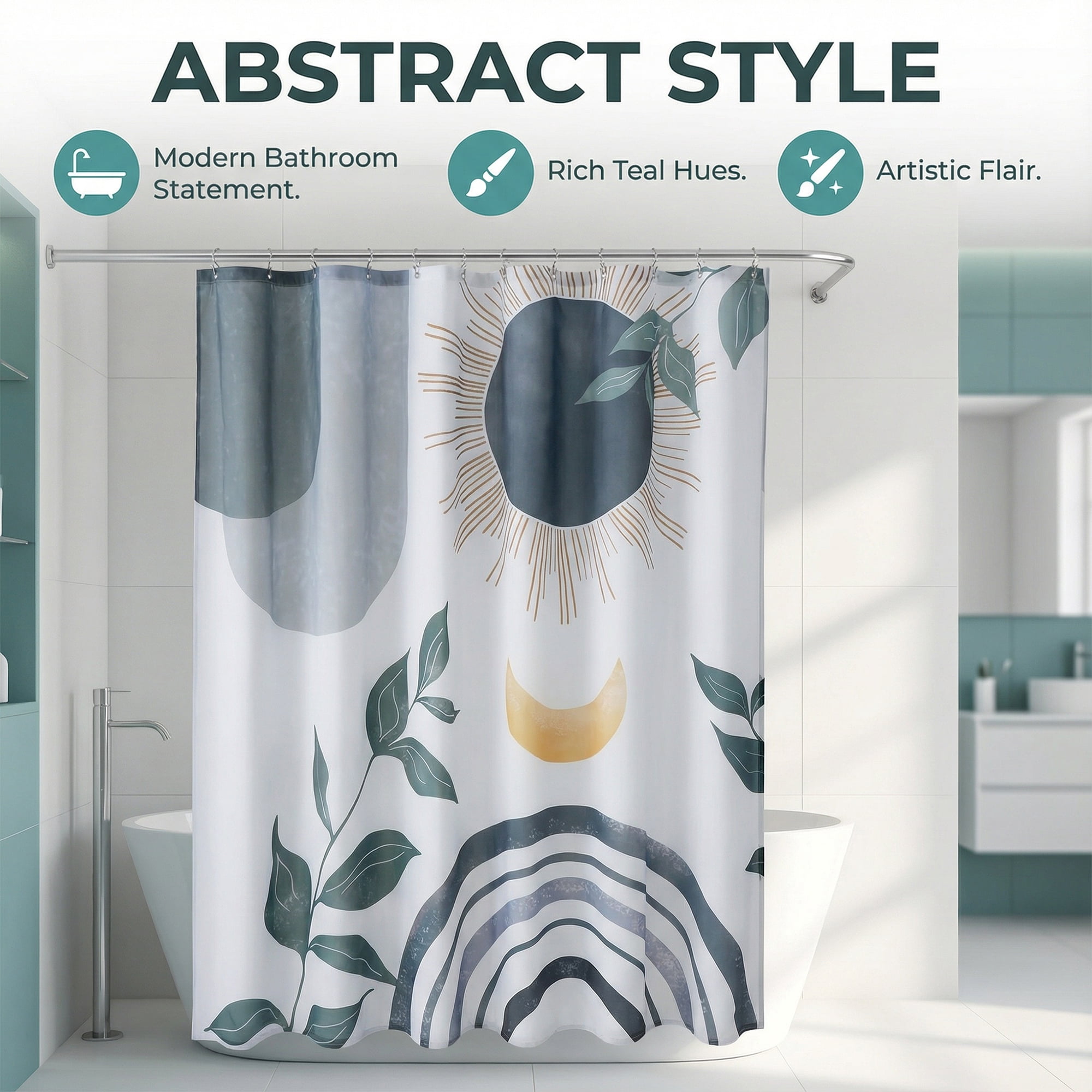 Unique Bargains Leaf Print Shower Curtain Bohemian Waterproof Set Grey Black 71"W x 71"L