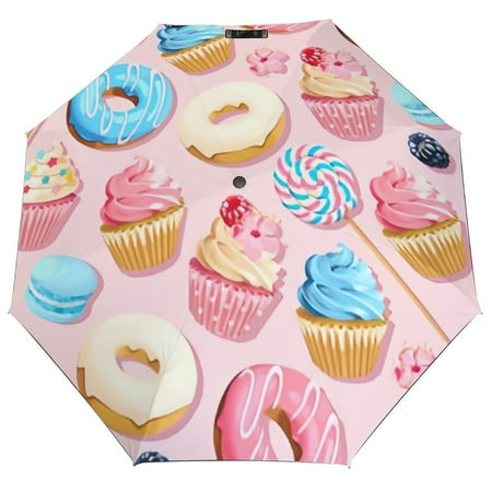 

ANYWAY.GO Windproof & Water-Resistant Compact Foldable Travel Umbrellatotes Pattern Cupcakes Donuts Portable Travel Umbrella，Diameter 42.5 in