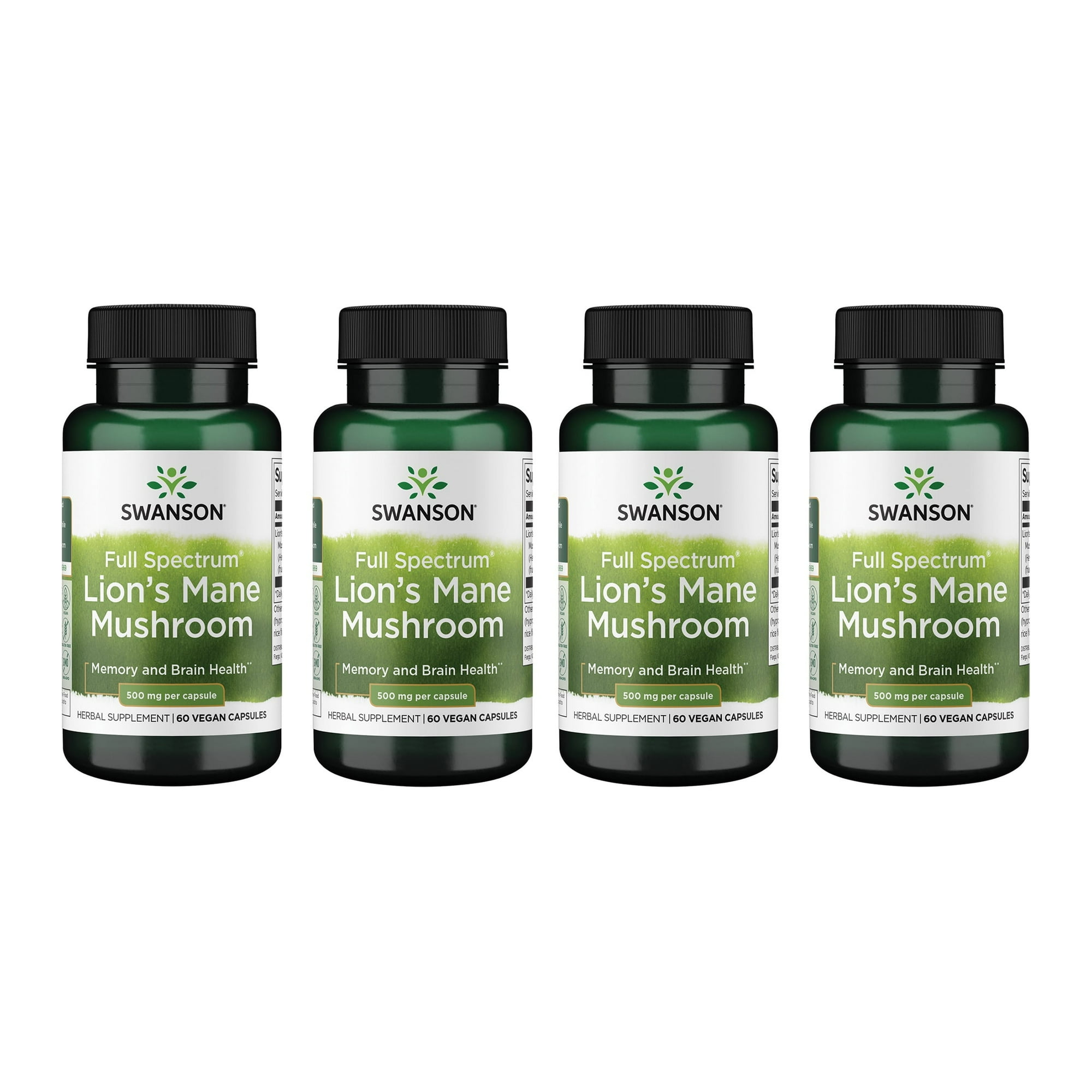 Swanson Lion's Mane Mushroom-Herbal Supplement Promoting Mental Focus, Clarity, & Memory Support-Traditional Brain Booster Supplement Made from Hericium Erinaceus-(60 Capsules, 500mg Each) 4 Bottles