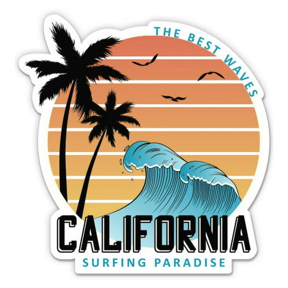 California Surfing Catch the Wave Palm - 3" Vinyl Sticker - For Car Laptop I-Pad Phone Helmet Hard Hat - Waterproof Decal