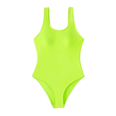 Women s One-Pieces Plain Swimsuit Scoop Neck Lime Green L (8/10)