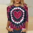 thumbnail image 2 of FAVIPT Valentines Shirt for Women Cute Tie Dye Heart Print Graphic Tees T-Shirt 3/4 Length Sleeve Tunic Tops Pullover 2025 Wine,XXXXL, 2 of 5