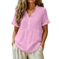 thumbnail image 2 of sdhkgrrt Women Plus Size Summer V Neck Short Sleeve Button Down Ruffle Blouses Casual Boho Loose Tops Solid Pullover Tunic T Shirts, Pink 3XL, 2 of 9
