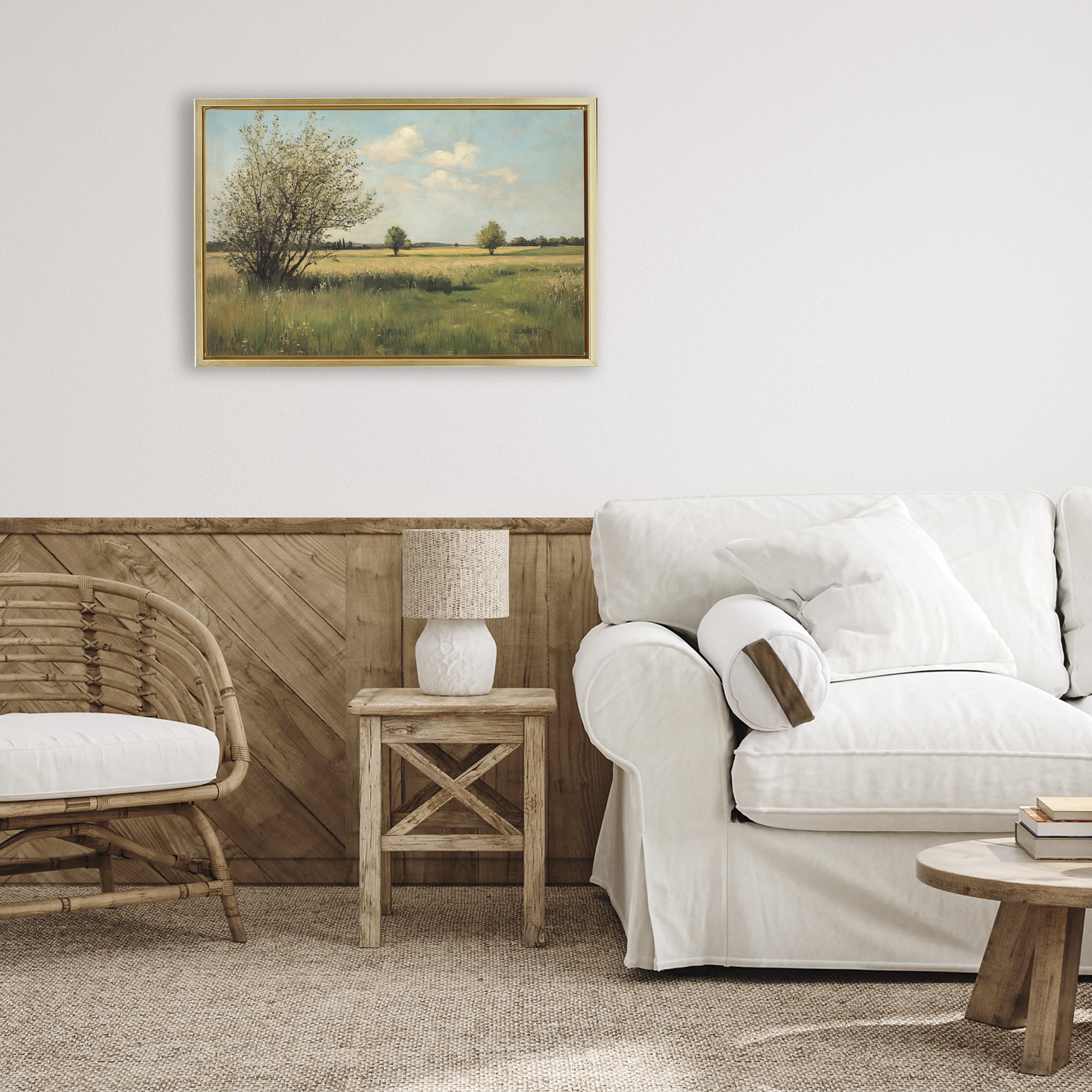 Stupell Industries Peaceful Meadow Under Serene Sky Gold Framed Floater Canvas Wall Art, design by Petal Prints Design