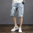 thumbnail image 3 of Pantalones cortos de mezclilla para hombre, largos, hasta la rodilla, con bolsillos, pantalones vaqueros medio cortos para hombre, bermudas desgastadas, botones retro XL, corte fino, 3 of 4