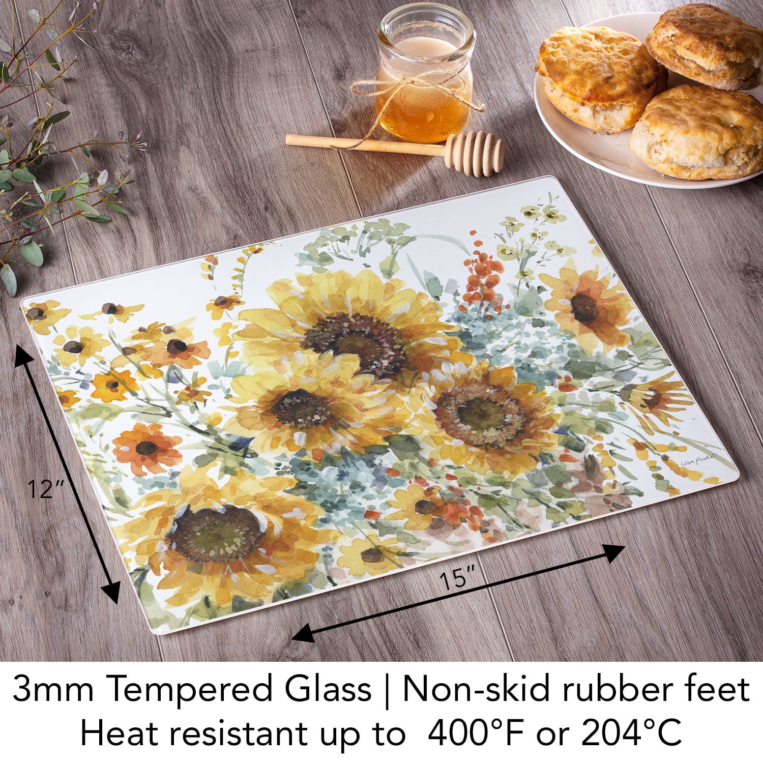 CounterArt Sunflowers Forever 3mm Tempered Glass Cutting Board 15"by 12"