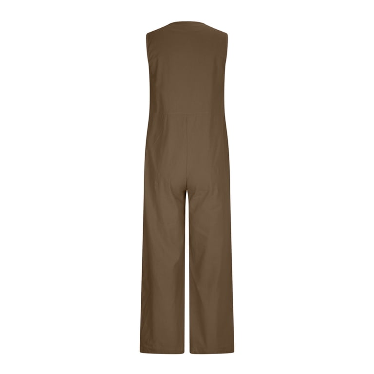Women's Cotton Linen Jumpsuits Summer V Neck Button Sleeveless