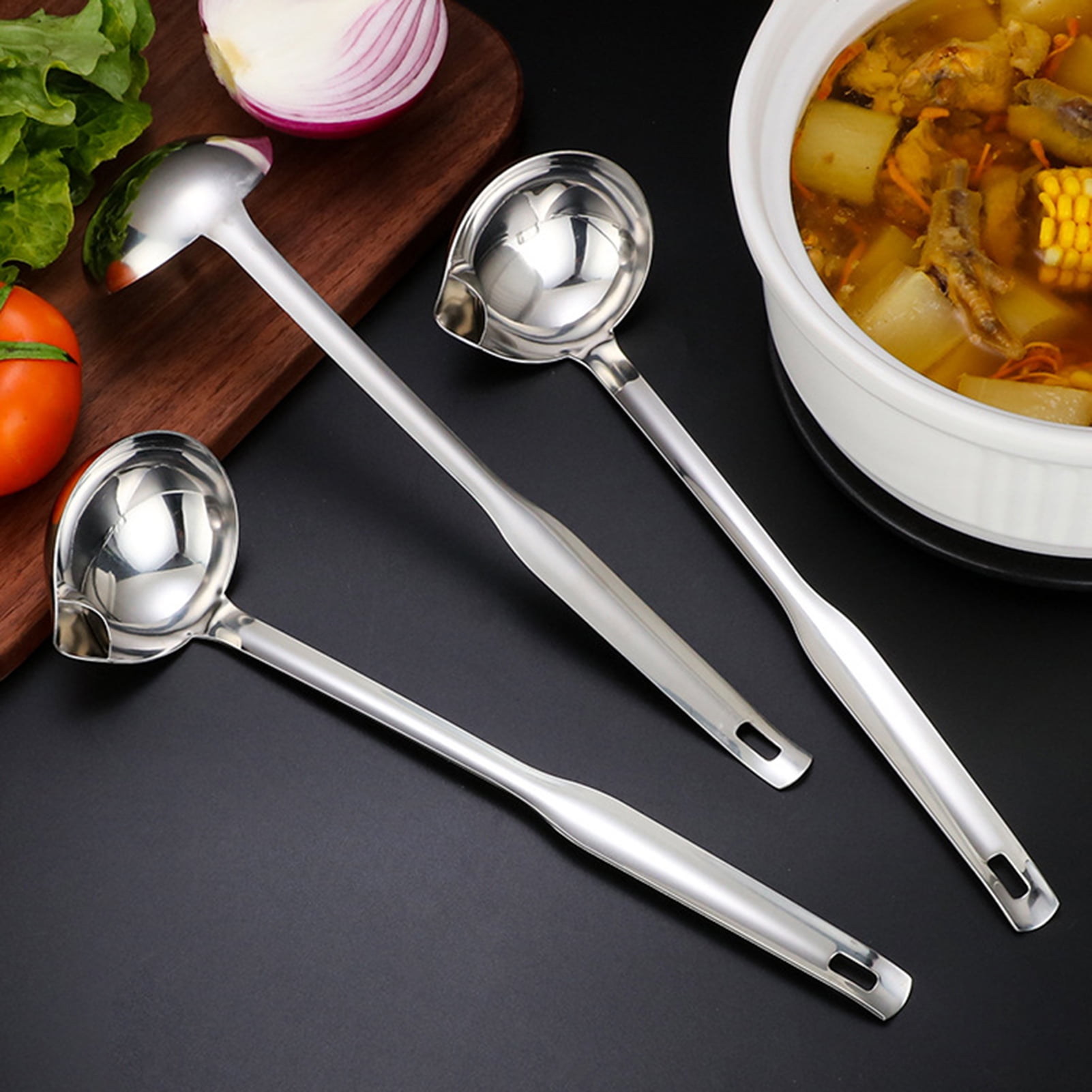 3.5411.02inch Renzhe Grease Filter Spoon for Home Kitchen Hot Pot Fat Skimmer Oil Soup Separator Spoon,Durable 304 Stainless Steel Gravy Separator with Vacuum Ergonomic Round Handle Skimmer Spoon