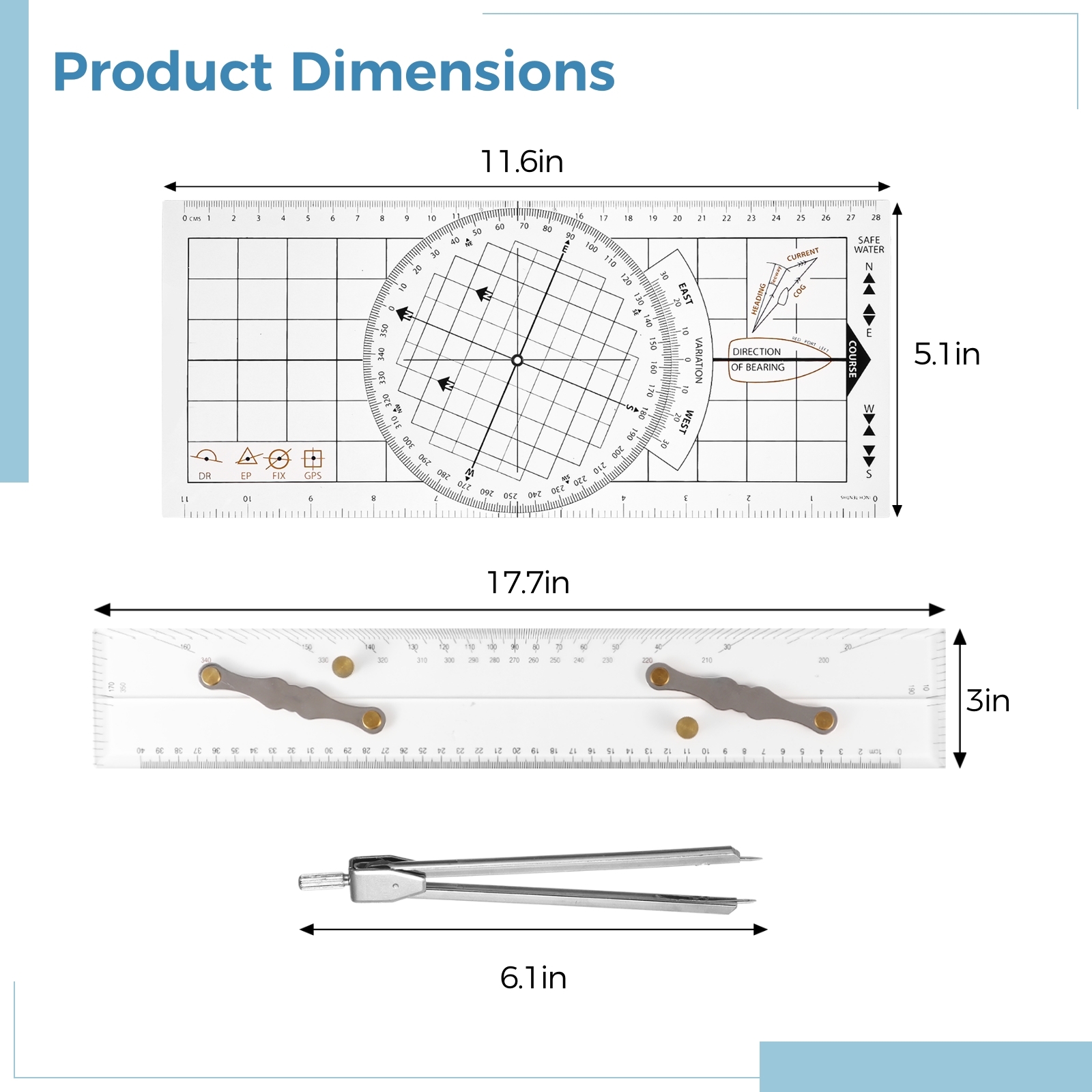 3 Pcs Transparent Basic Navigation Set, Including Nautical Protractor, Marine Navigation Parallel Ruler, Navigation Divider with Fixed Points, Marine Accessories with Clear Scales for Boat