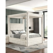 1pc Modern Four-poster Queen Bed Featuring Tufted Headboard and Footboard in Ivory Rich Velvet Fabric