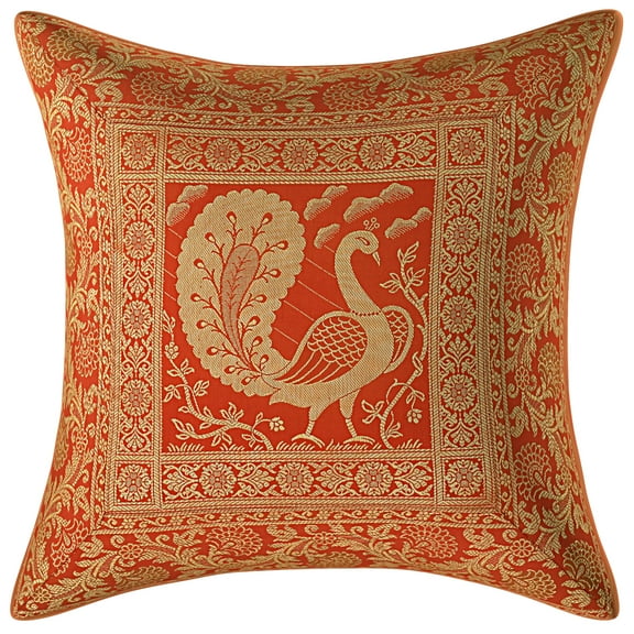 Stylo Culture Ethnic Bohemian Brocade Red And Gold Throw Pillow Covers 16x16 Jacquard Weave Banarasi Sofa Decorative Pillow Covers For Couch Dancing Peacock Floral 40x40 cm Cushion Covers (1 Pc)