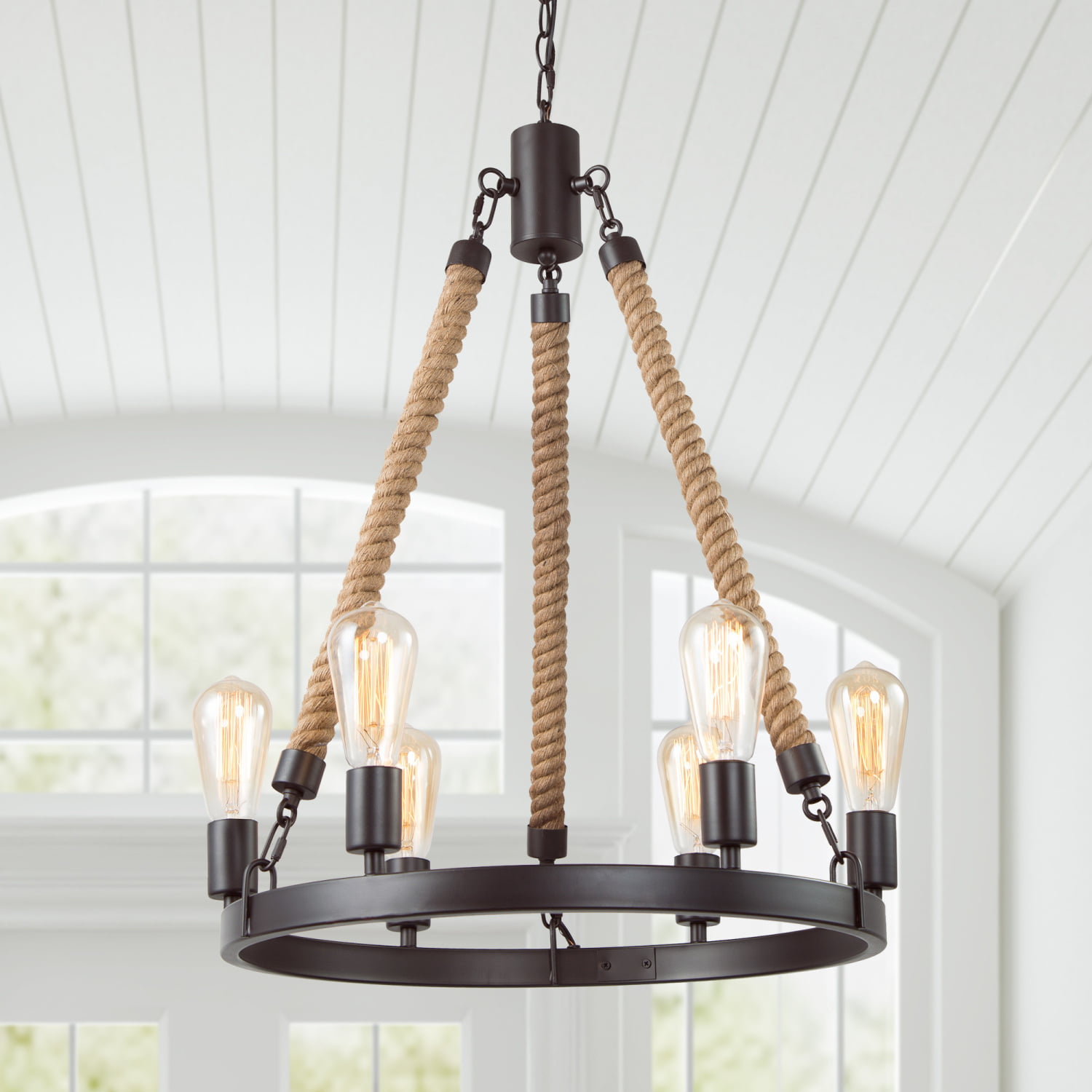 Wood Style Linear Metal Frame Oil Rubbed Bronze Kira Home Brentwood 30 6-Light Rustic Kitchen Island Light Pendant Chandelier Walnut Style Finish Seeded Glass Shades 