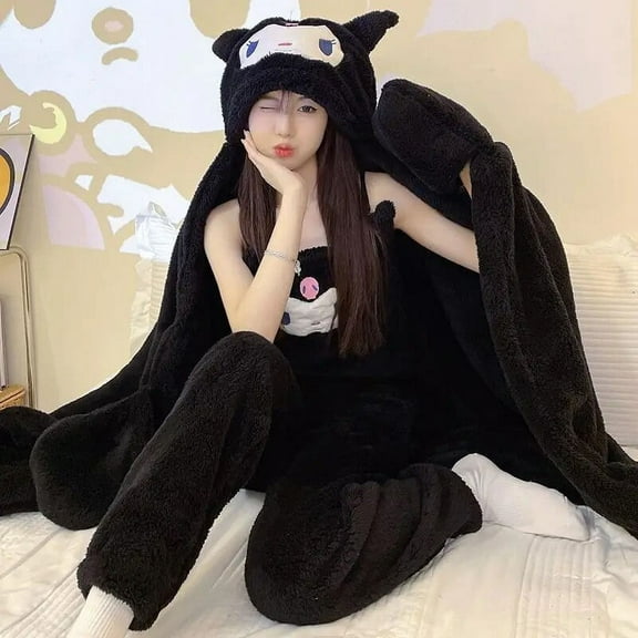 Sanrio Kuromi Coral Fleece Pajamas 3 Piece Set Women Kawaii Plush Tank Top Trousers Hooded Cloak Y2k Home Clothes Sleepwear Suit