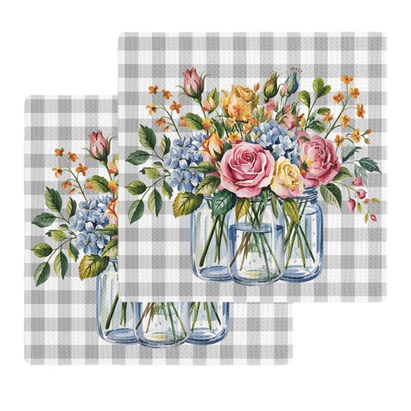Pink Spring Floral Kitchen Dish Towels for Drying Dishes Set of 2, Flowers Gray Plaid Farmhouse Waffle Weave Microfiber Hand Tea Bathroom Towels Quick Dry & Absorbent Towel 12x12