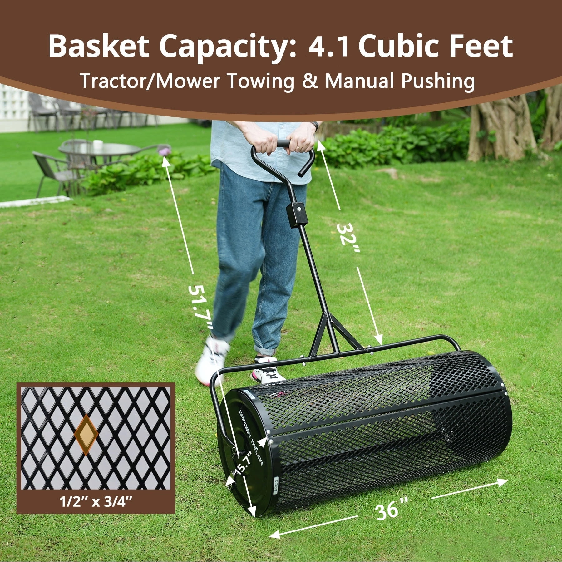 Garden Tailor 36-inch Towable Metal Mesh Roller  for Compost, Peat Moss, Top Soil, and Top Dressing with Installation Support Accessories