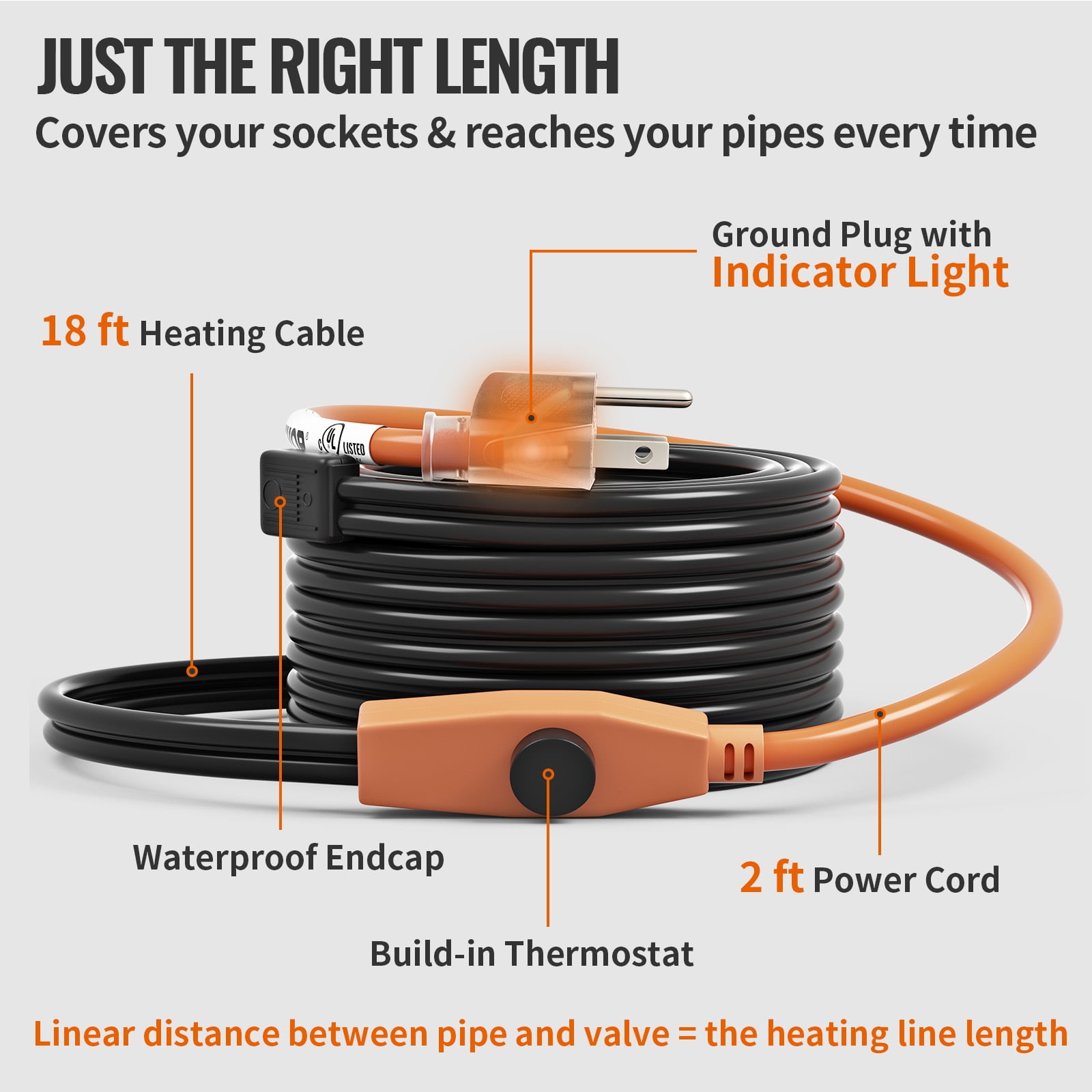 VEVOR Pipe Heating Cable, 18 Feet Heat Tape for Water Pipe, 7W/ft Water  Line Heat Tape,120V Pipe Heating Tape with Built-in Thermostat, Protects  PVC Hose, Metal and Plastic Pipe from Freezing -