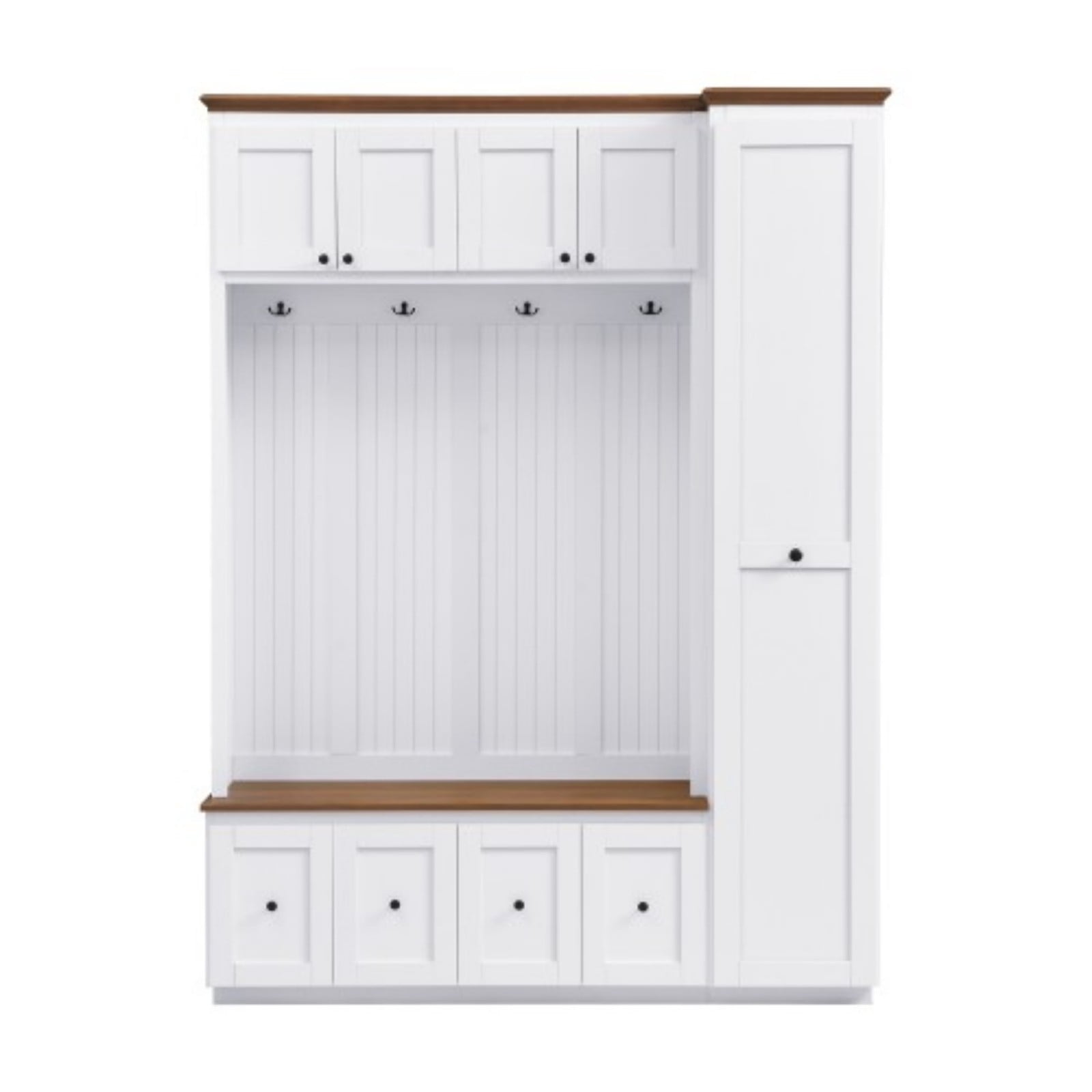 79"H Farmhouse Entryway Hall Tree with Storage Bench, 5-in-1 Coat Rack Shoe Bench with Cabinets, Drawers & Metal Hooks, Freestanding Mudroom Organizer, MDF Entryway Storage Cabinet, White