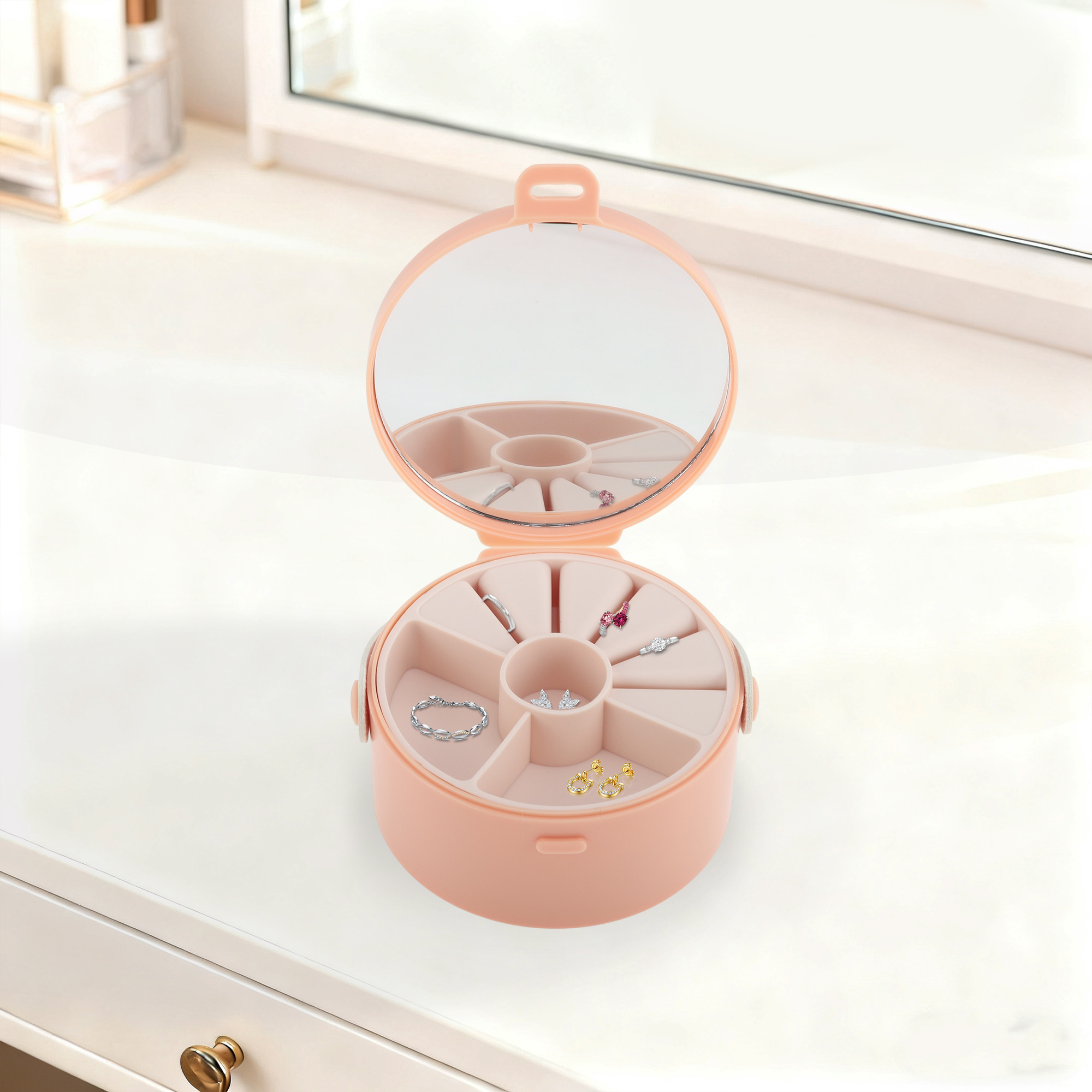 Unique Bargains Elegant Round Multi-Function Jewelry Box Organizer Coral Pink