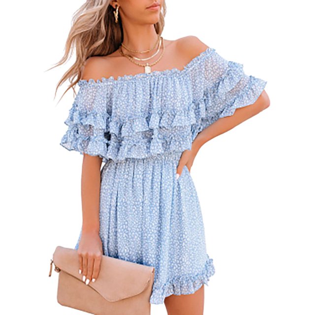 Robe d'Été pour Femmes à Épaules Dénudées, Plissée, Fluide, Col, Ceinture, Robe Imprimée