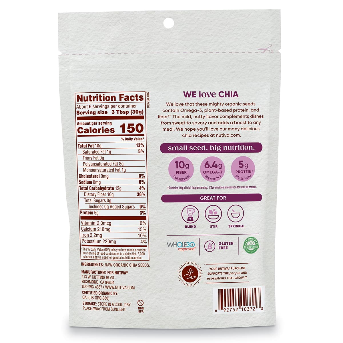 Nutiva, Organic Chia Seed, Black, 6 oz Pack of 2