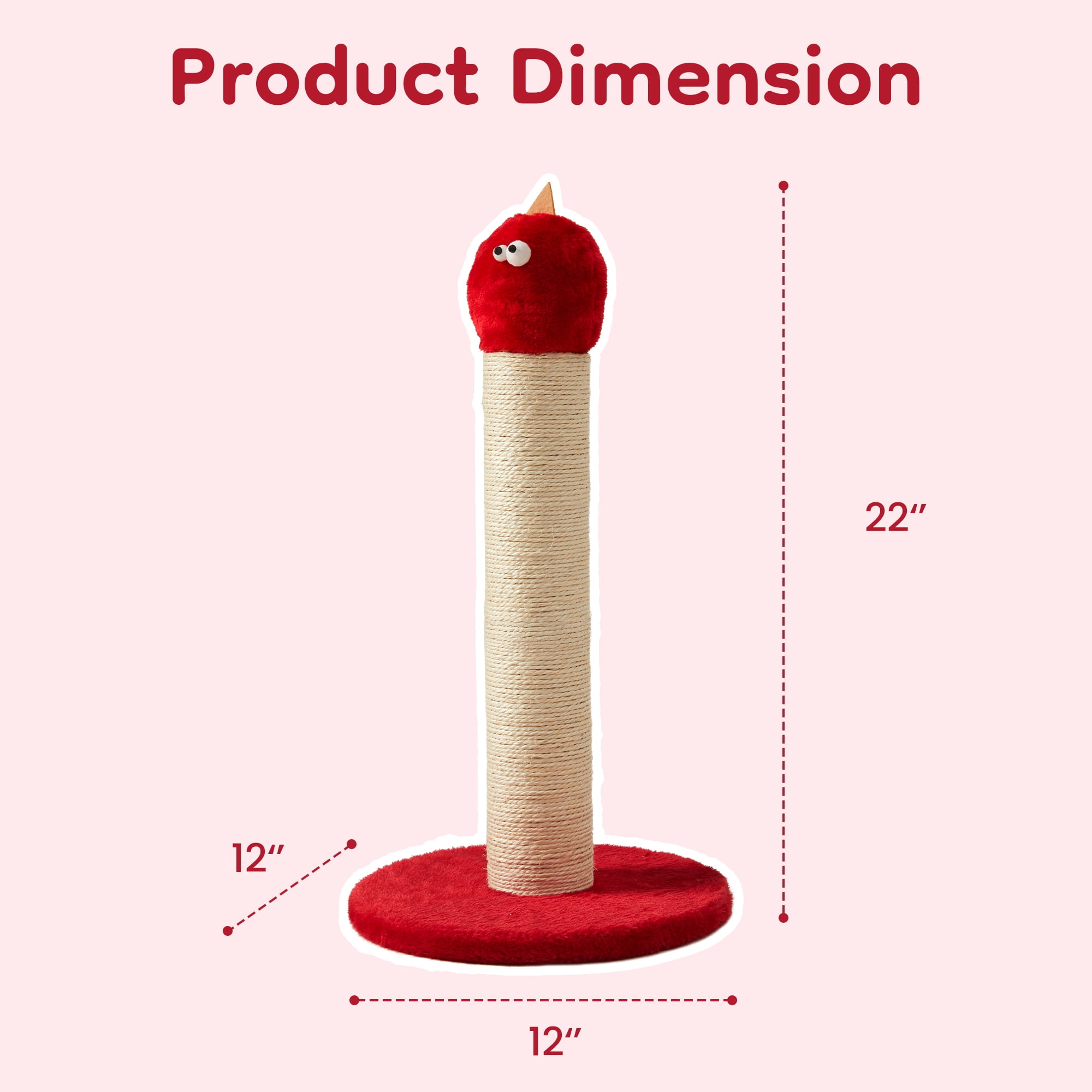 HEYNEMO 22" Cat Scratching Post, Sisal Cat Scratcher with Interactive Hanging Toy, Monster Scratch Pole for Indoor Cats, Cute Cat Scratch Post for Kittens & Large Cats, Red