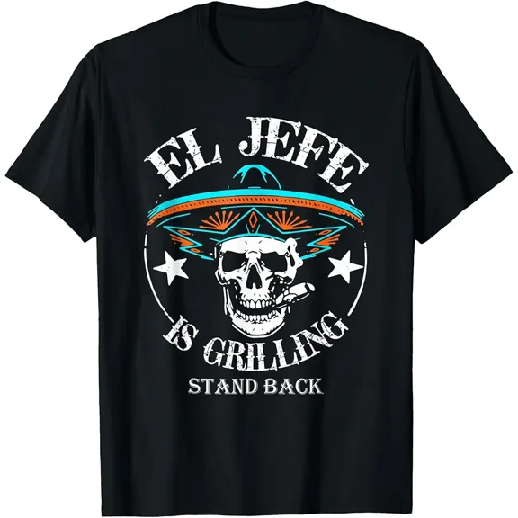 Funny El Jefe Grilling Skull Sombrero Men's Short Sleeve Graphic T-Shirt