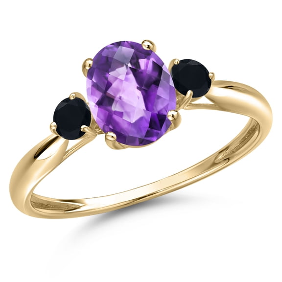 Gem Stone King 10K Yellow Gold Purple Amethyst and Black Onyx 3-Stone Ring for Women | 1.40 Cttw | Oval Checkerboard 8X6MM | Gemstone February Birthstone | Size 7