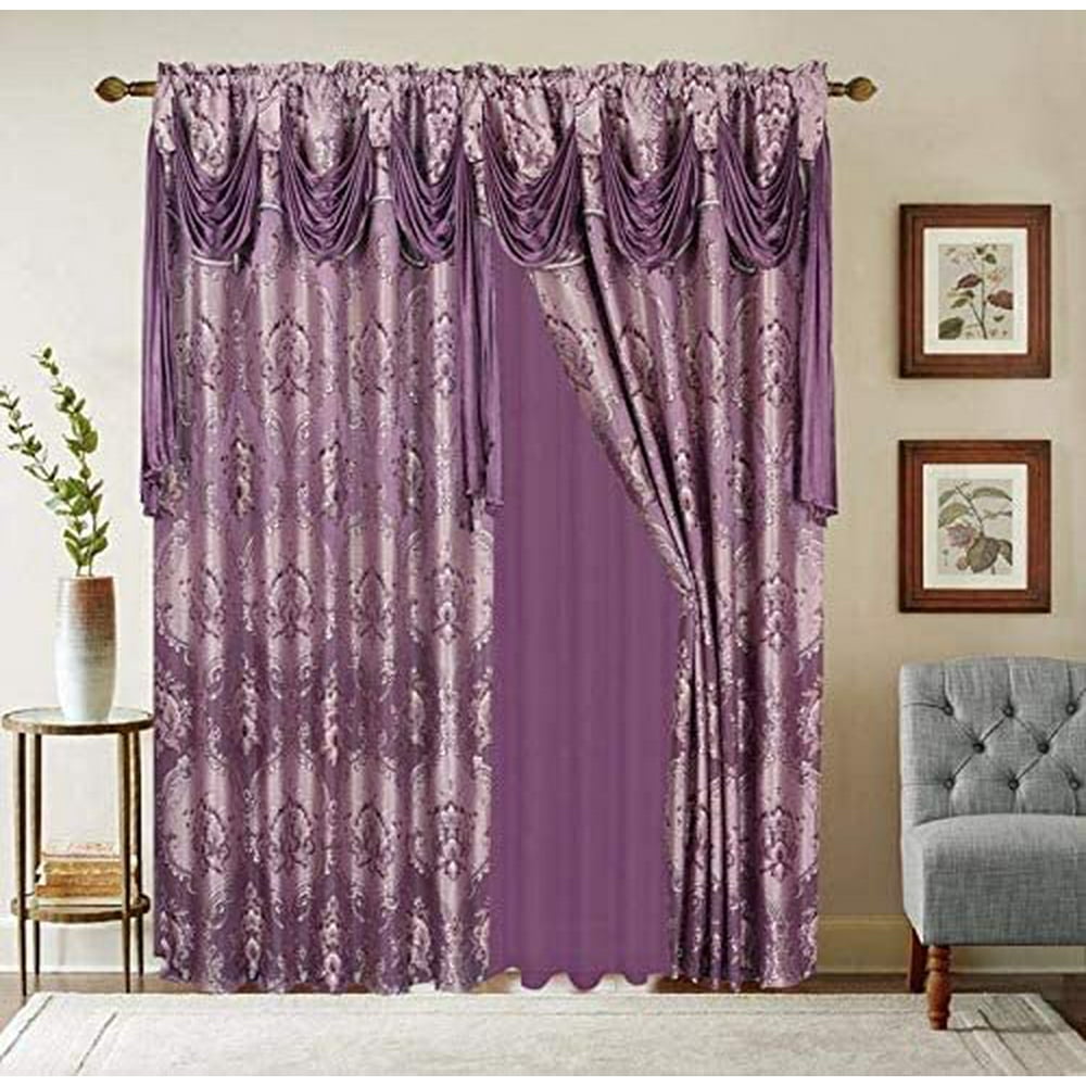 Jacquard Window 63 Inch Length Curtain Drapes w/attached Valance Scarf + Sheer Backing + 2