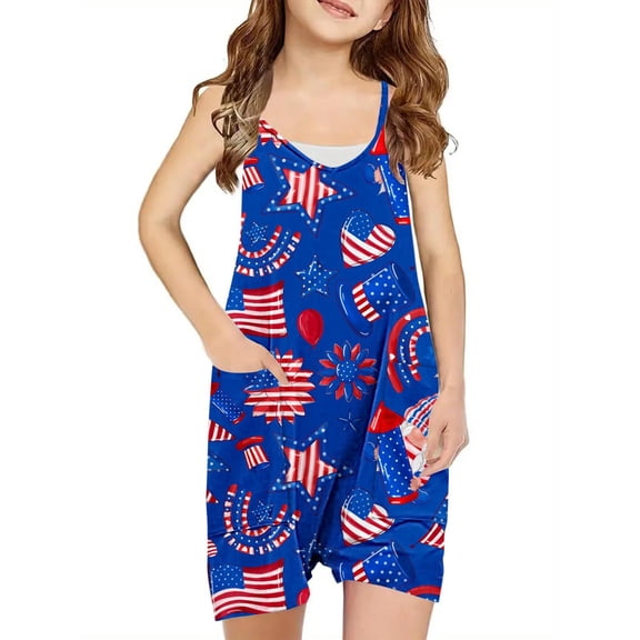 Tdoqot 4th of July Clothes for Girls Rompers- Cute Sleeveless Summer Casual Kids Jupsuits with Pockets Blue Size 4-14 Years