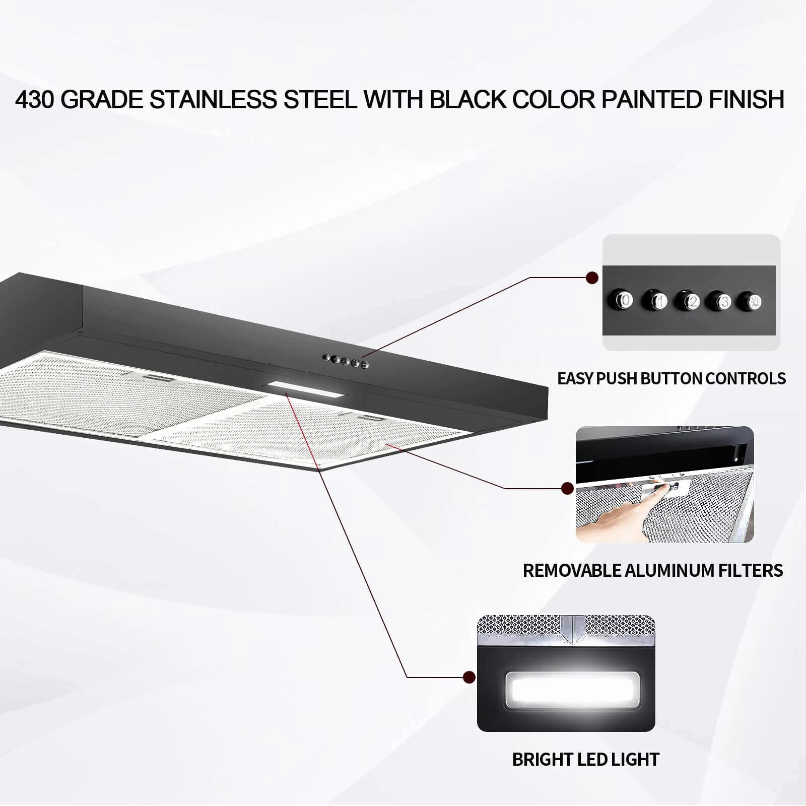 Range Hood 30 inch Under Cabinet Cooker Hood Range Hood 30 inch Under Cabinet with Charcoal Filter,Ductless Range Hood w/ 3 Speed Exhaust Fan,Stainless Steel Black Range Hood w/LED Light,Push Button,