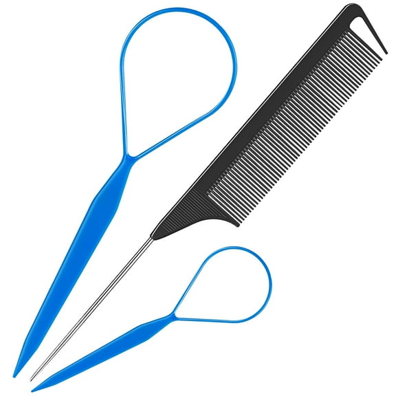 Hair Tail Tools, 3Pack Hair Loop Tool Set with 2Pcs French Braid Tool Loop 1Pcs Rat Tail Comb Metal Pin Tail Braiding Comb for Hair Styling, Blue