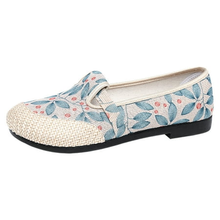 OJSFQUFP Womens Fashion Sneakers Ladies Simple Breathable Flat Bottom Comfortable Large Size Linen Retro Single Shoes Casual Shoes Cloth Shoes Half Slippers Leather Flats for Women Blue 39