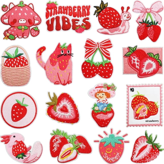 16pcs strawberry Cartoon Kids Embroidered Patches, Sew/Iron On Repair Applique Embroidery Patches for T-Shirt, Jackets, Jeans, Vests,Hats, Backpacks,Bags