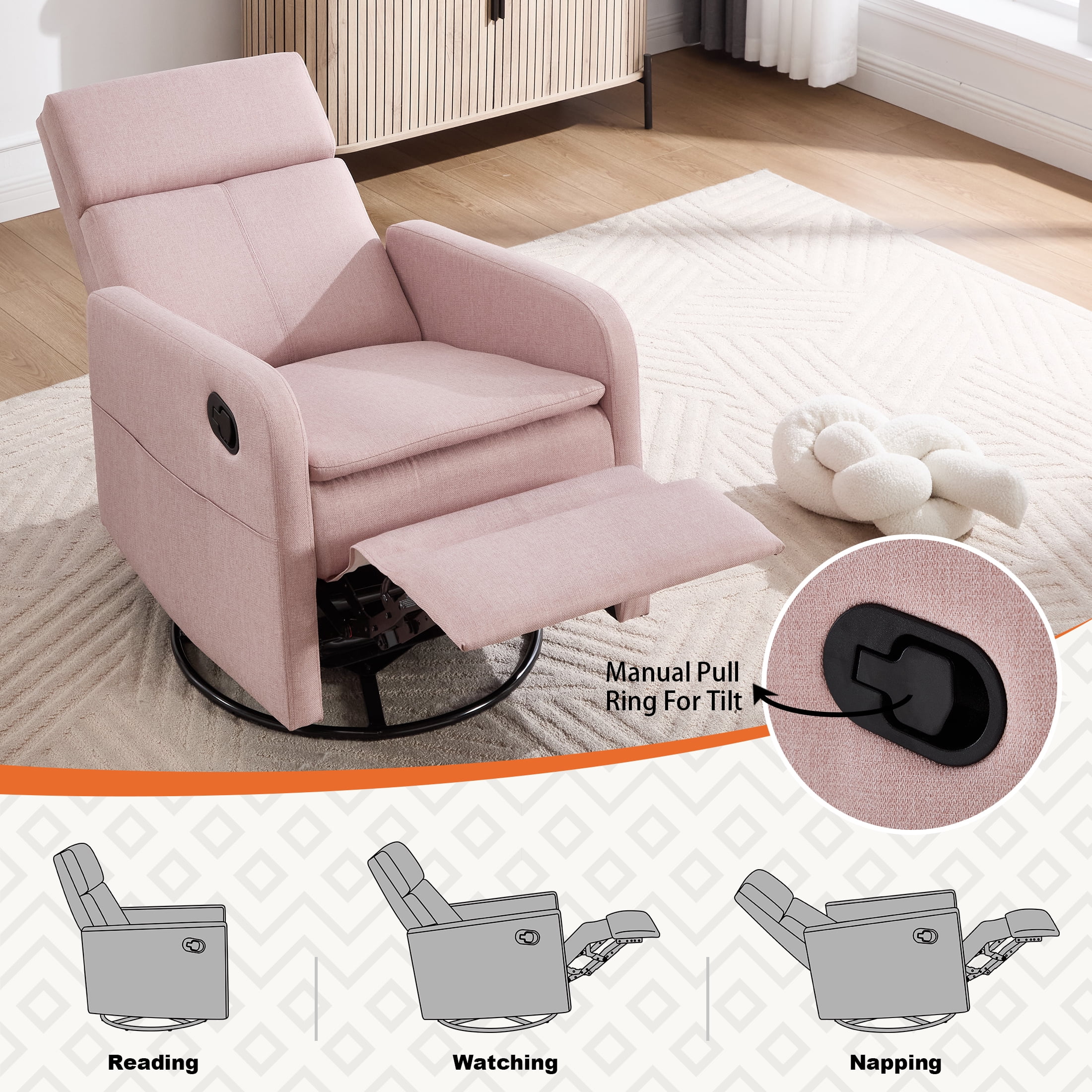 Ketaiyou Swivel Rocking Recliner Chair for Adults, Nursery Glider Chair with Adjustable Headrest, Pink
