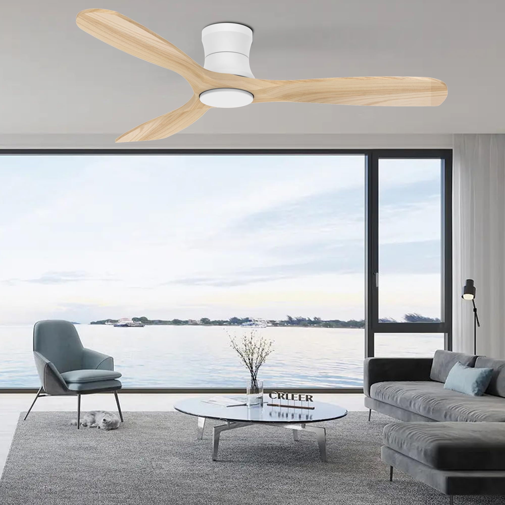 Smart 52" Wood Flush Mount Ceiling Fans with Lights and Remote,Quiet DC Motor,Outdoor Indoor Ultra Low Profile Ceiling Fan works with Alexa WIFI APP,Modern White Ceiling Fan for Bedroom Patio