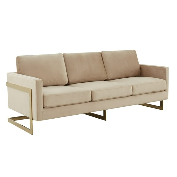 LeisureMod Lincoln 83" Modern Velvet Upholstered Sofa Couch, Luxury Comfortable 3-Seat Sofa with Gold Metal Steel Frame, Seating Set for Indoor Living Room, Lounge & Office, Beige