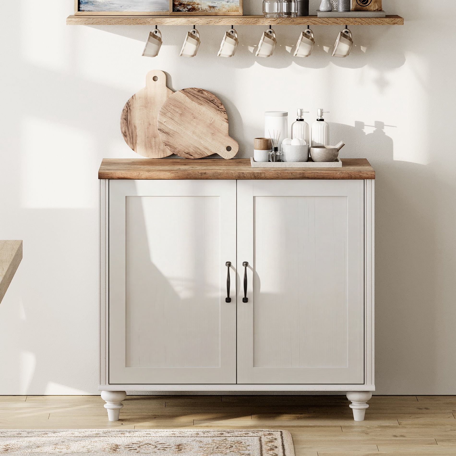 Modern Farmhouse Credenza, 34" White Storage Sideboard with Wood Doors
