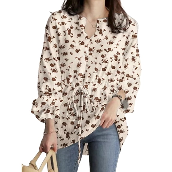 LilyLLL Plus Size S-5XL Womens Boho Floral Long Sleeve Drawstring Blouse Shirt Tops