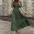 thumbnail image 2 of Busydd Womens Dresses Short Sleeve Solid Color Maxi Dress Fashion V Neck High Waisted Sundress Casual Tiered Flowy Summer Dresses Elegant Slim Button Long Dresses Comfy Cotton Linen Dress, 2 of 9
