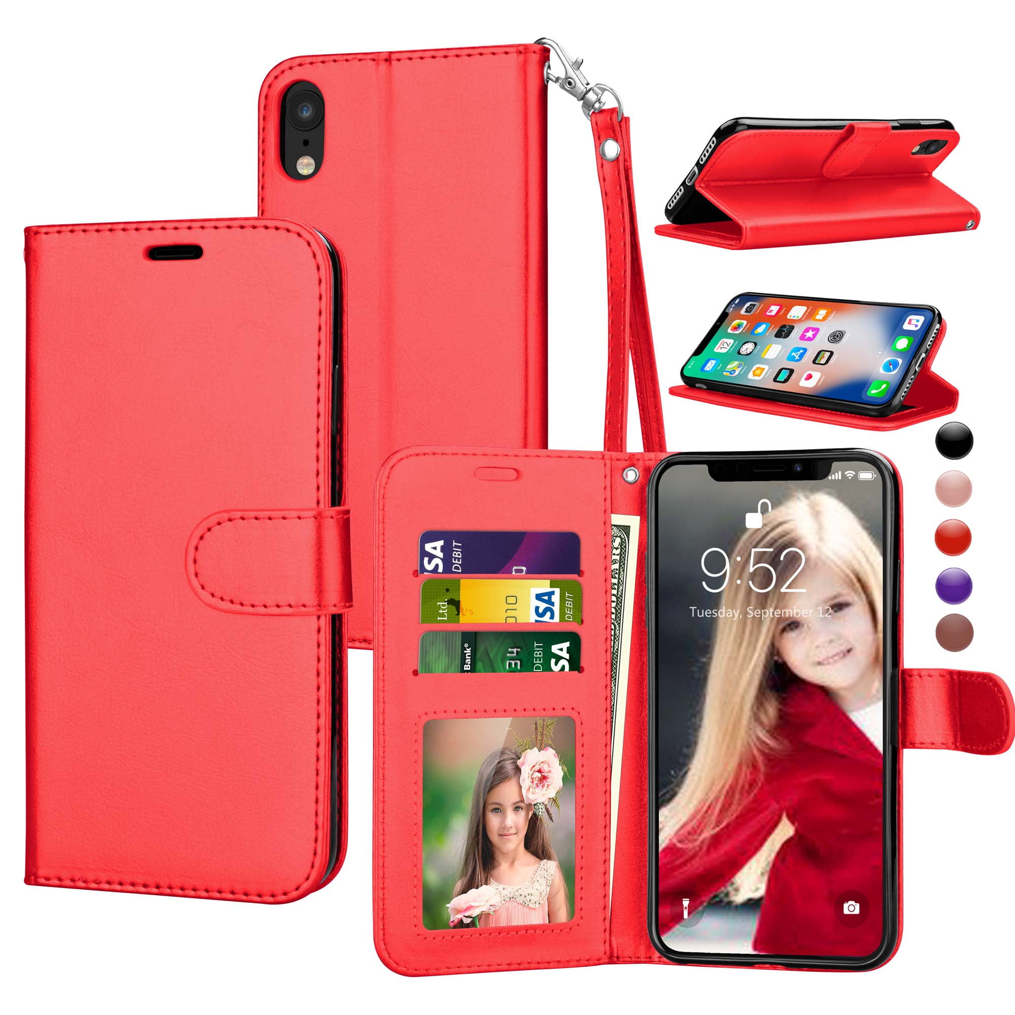 PU Leather Flip Cover Compatible with iPhone XR Chain red Wallet Case for iPhone XR 