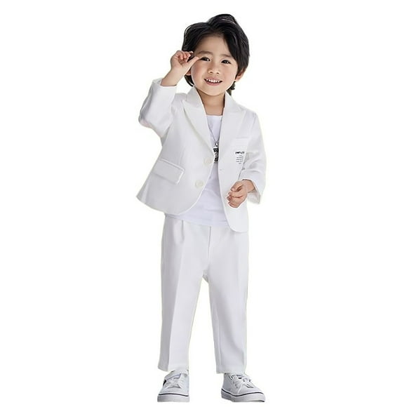 LUOGENLI Boys Business Suits Coat 3 Piece Outfit Tuxedo Set for Kids Formal Suit for Boys with Pants Necklace Set Slim Outfits for Boys White 9-10 Years
