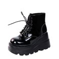 thumbnail image 1 of CEHVOM Chaussures pour Femmes Mode Bout Rond Talon Compensé Bas Lacets Cuir Verni Bottes Brillantes, 1 of 9