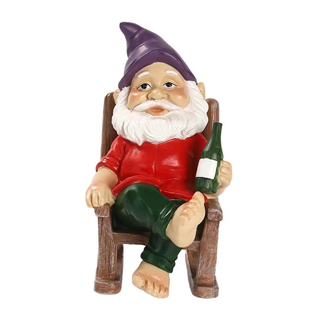 Gnomo de jardín en una mecedora Los gnomos de jardín decoran cada jardín esquí esquí Gafas de esquí