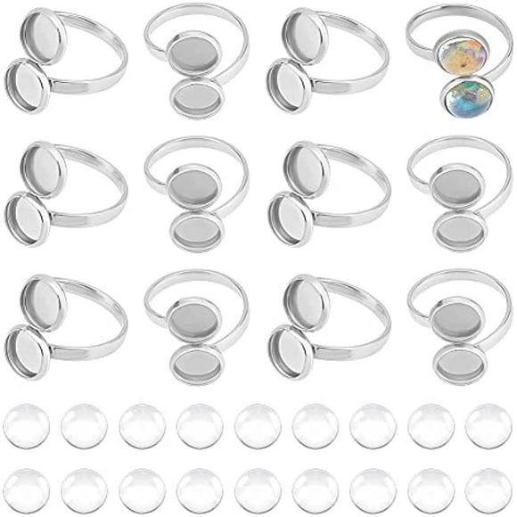 DIY Cuff Ring Making Kit Size 6 1/4 Open Cuff Ring Bezel Tray 304 Stainless Steel Finger Ring Cabochon Ring Bases with Glass Cabochons Metal Cuff Rings Cabochon Domes Set for Ring Making