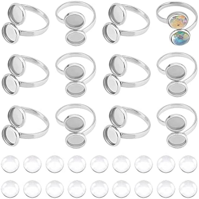 DIY Cuff Ring Making Kit Size 6 1/4 Open Cuff Ring Bezel Tray 304 Stainless Steel Finger Ring Cabochon Ring Bases with Glass Cabochons Metal Cuff Rings Cabochon Domes Set for Ring Making